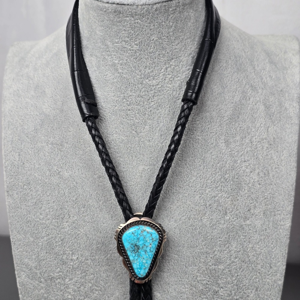 Navajo Nila Cook Johnson Kingman? Waterweb Turquoise Sterling Silver Bolo Tie